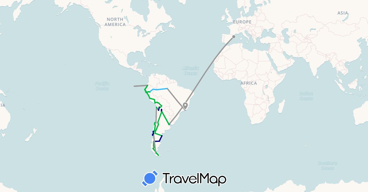 TravelMap itinerary: driving, bus, plane, train, boat in Argentina, Bolivia, Brazil, Chile, Ecuador, Spain, Peru, Uruguay (Europe, South America)